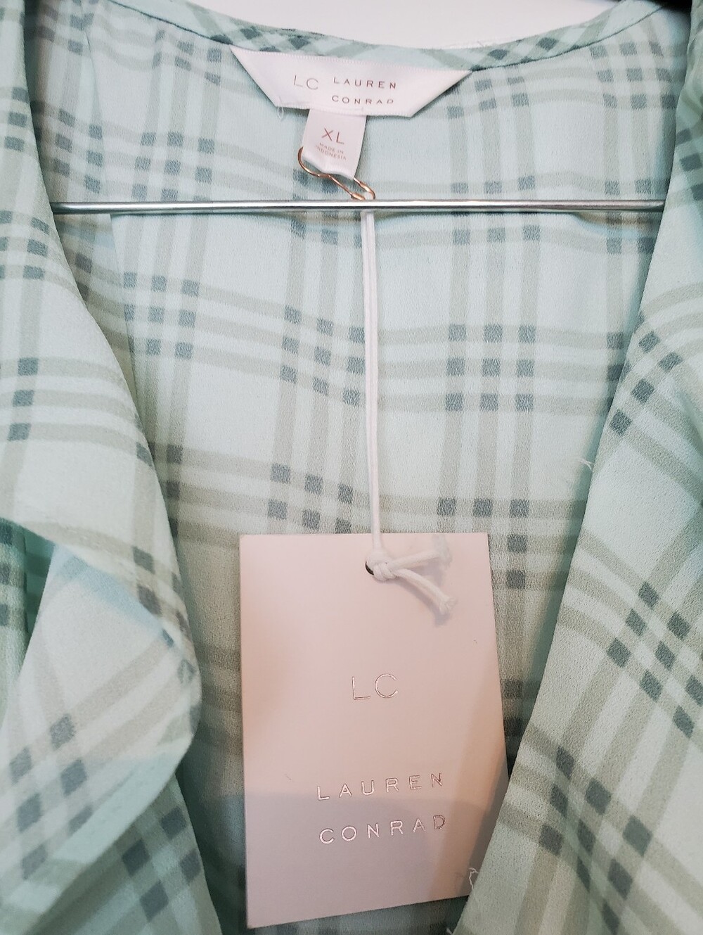 Lauren Conrad Light Green Plaid Mock Ruffle Wrap Dress XL - Picture 2 of 5